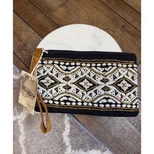 Ruggine Black Gold Beaded Embroidered Cotton Wristlet Pouch Clutch Bag NWT